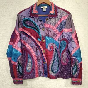 Vintage Sandy Starkman Jacket Women XL Burgundy Pink Blue Paisley Patchwork Boho